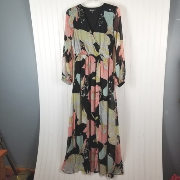 Lulu's Black and Pink Wrap Maxi Dress with Bishop Sleeves - Picture 3 of 10